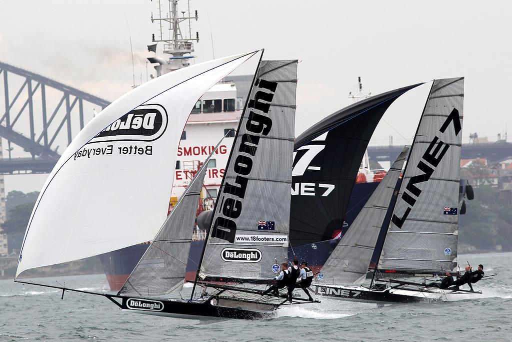 De'Longhi and Line 7 show their downwind speed to the bottom mark - 18ft Skiffs - NSW State Title - Race 1, October 30, 2016  © Frank Quealey /Australian 18 Footers League http://www.18footers.com.au